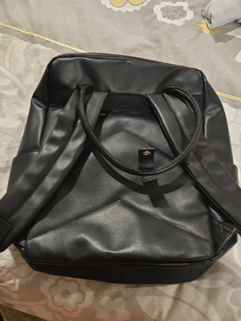Black Faux Leather Backpack - Gold Accent